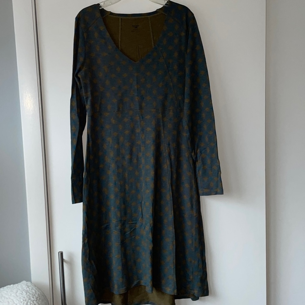 Horny Toad blue and green printed long sleeve bellflower dress women's S B5